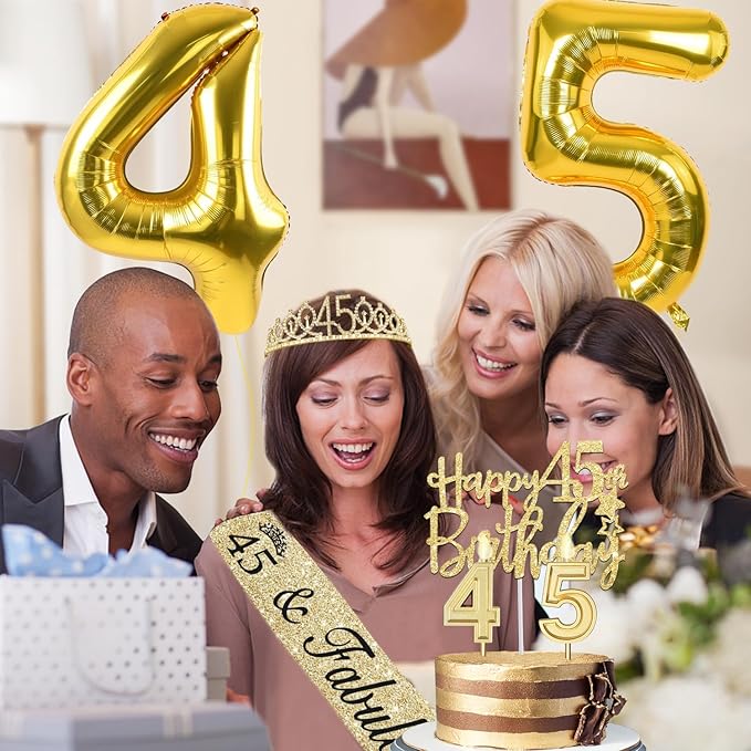 45th Birthday Decorations for Women Gold with 45th Birthday Sash and