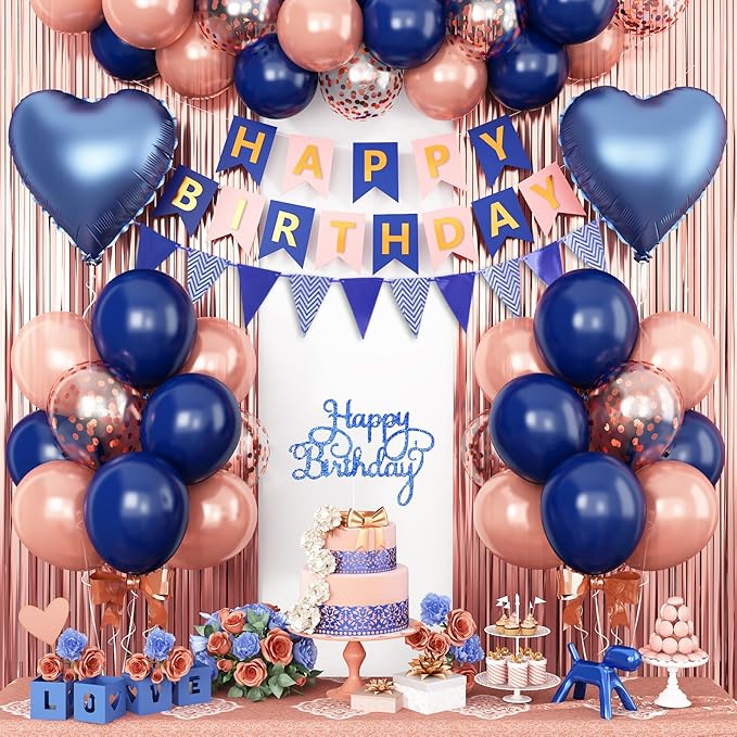 Navy Blue Rose Gold Birthday Decorations Happy Birthday Banner