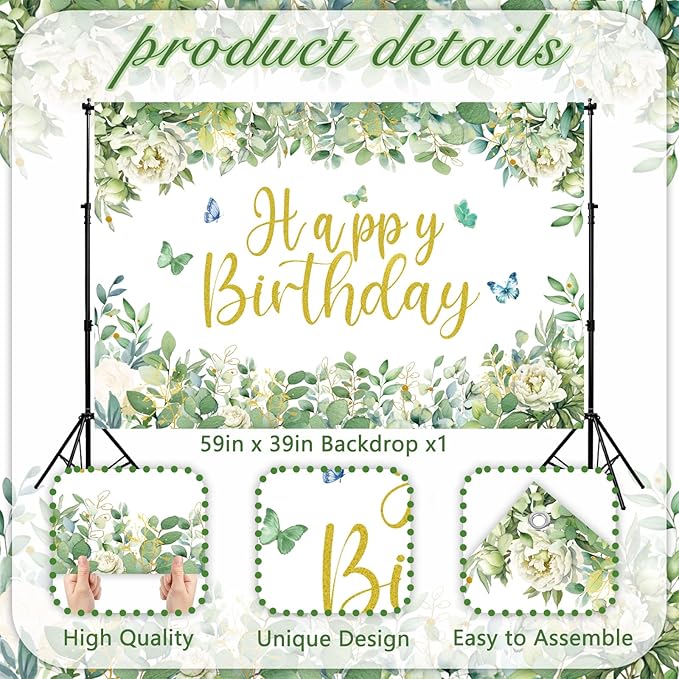 Sage Green Birthday Decorations Kit for Green Neutral Boho Party