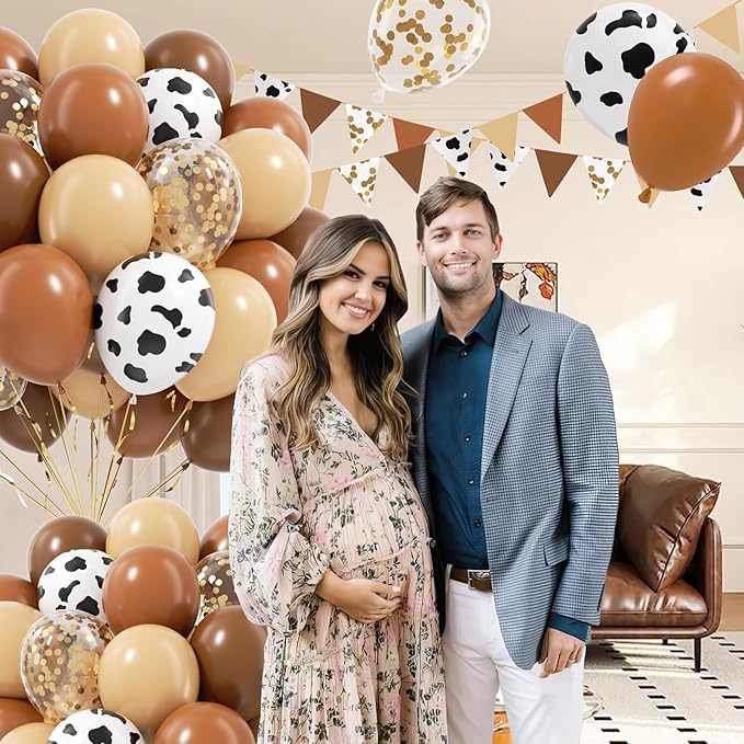 Brown Western Balloons, Brown Nude Gold Confetti Cow Print Latex