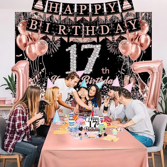 17th Birthday Decorations for Teen Girls Black Rose Gold Party Kit