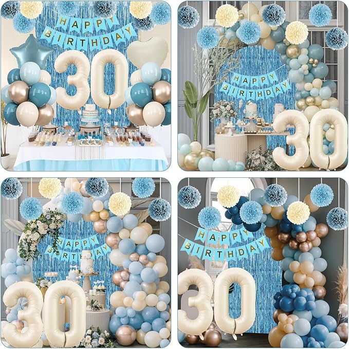 Dusty Blue 30th Birthday Party Decorations for Her Him Beige Cream