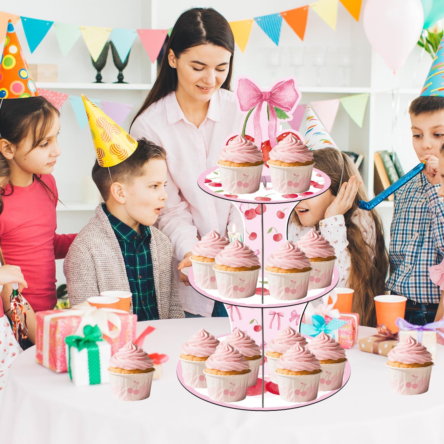 Cherry Bow Birthday Party Decorations - 3 Tier Pink Bow Cupcake Stand