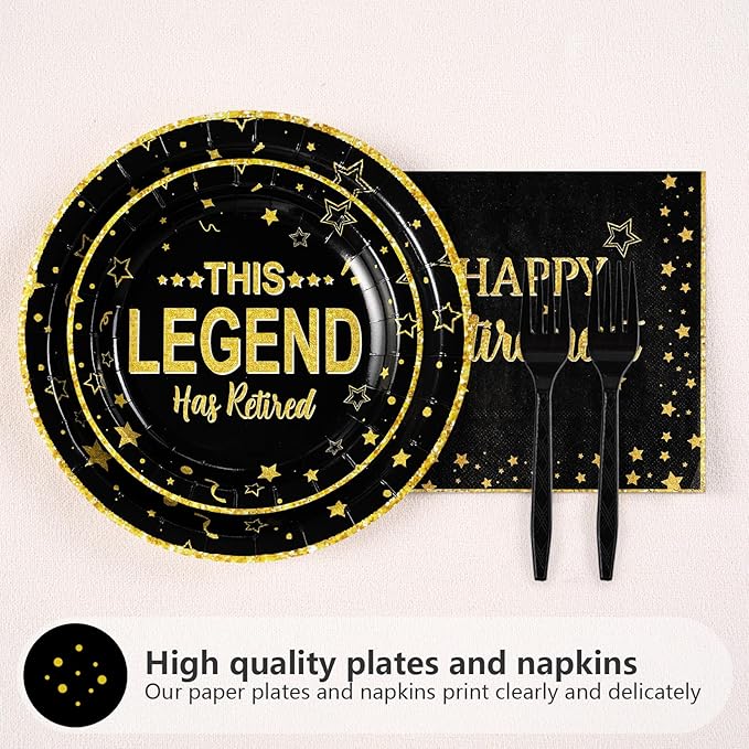 96 Pcs Retirement Party Plates Black and Gold Happy Retirement Party