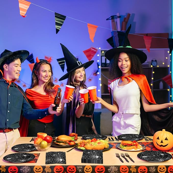 100 Pcs Halloween Spider Web Tableware Party Supplies Set Serves 25