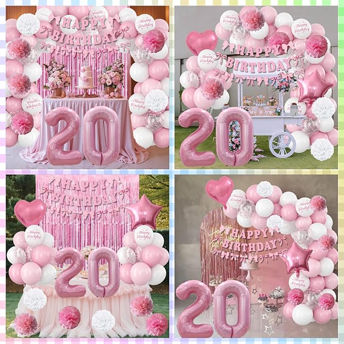 20th Birthday Decorations for Girls Pink Number 20 Balloon Bow