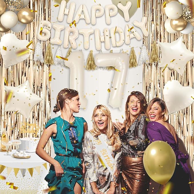 17th Birthday Decorations for Girls, White and Gold 17 Boho Birthday