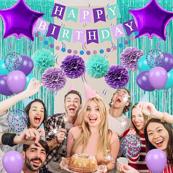 Mermaid Birthday Decorations Purple Teal Blue Party Balloons Happy