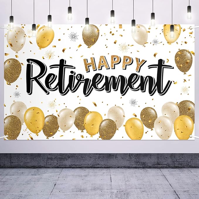 Happy Retirement Decorations Gold Large Balloon Banner Backdrop Sign