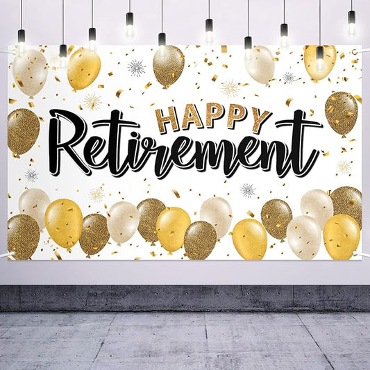 Happy Retirement Decorations Gold Large Balloon Banner Backdrop Sign