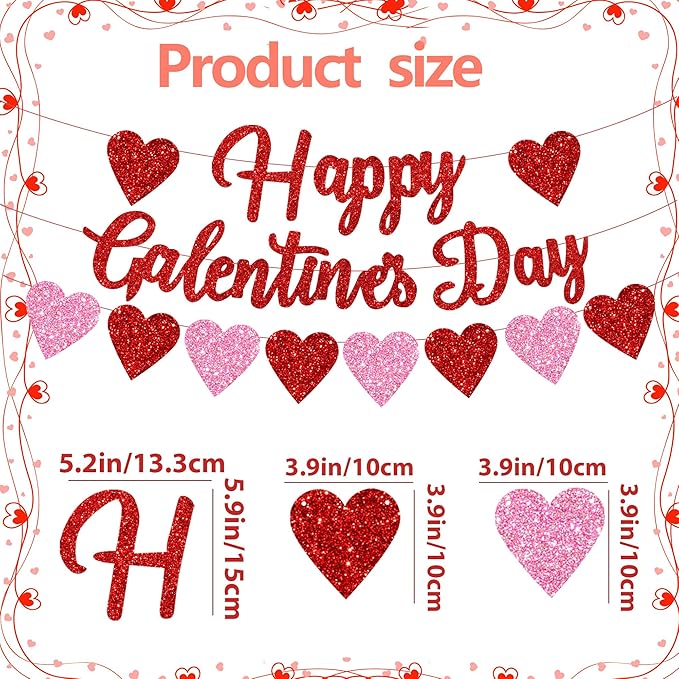 Happy Galentine's Day Banner with Red Pink Glitter Hearts for Home