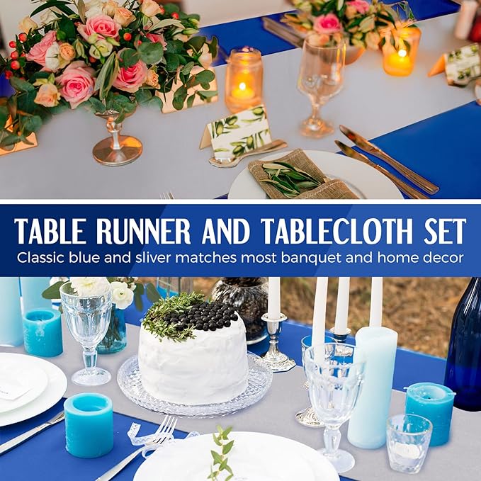 Breling 24 Packs Navy Blue and Silver Disposable Plastic Tablecloths