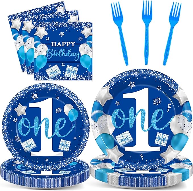 Boy 1st Birthday Party Tableware Set Blue 96 Pcs 24 Guests Paper