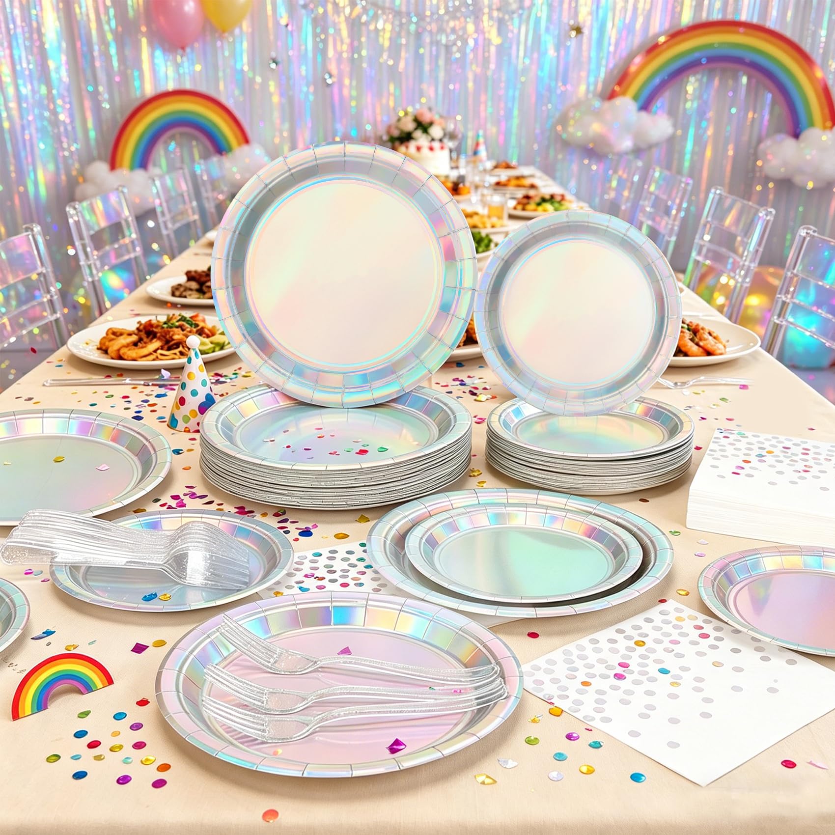 Iridescent Party Plates and Napkins,200pcs | 50 7inch Dessert Plates |
