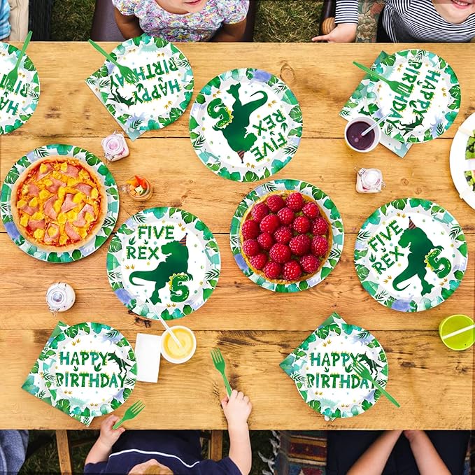 96 Pcs Dinosaur 5th Birthday Decorations Five Rex Plates and Napkins