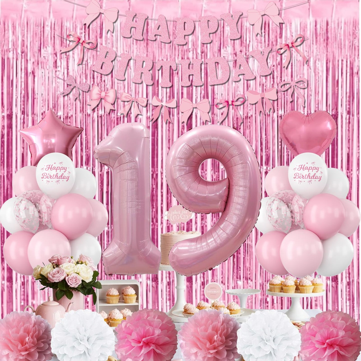 19th Birthday Decorations for Girls Pink Number 19 Balloon Bow