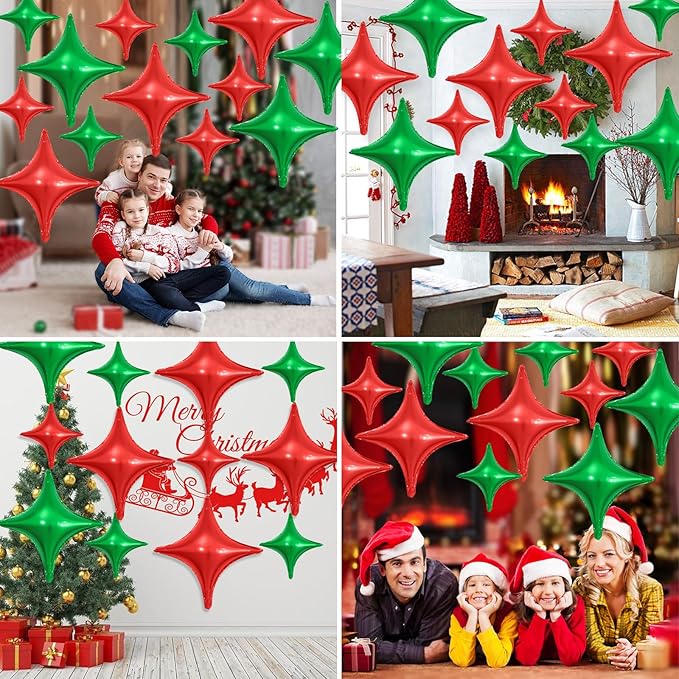 Red Green Christmas Balloons,12Pcs Four Angle Star Foil