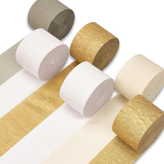 PartyWoo White and Gold Crepe Paper Streamers 6 Rolls 492 ft Pack of