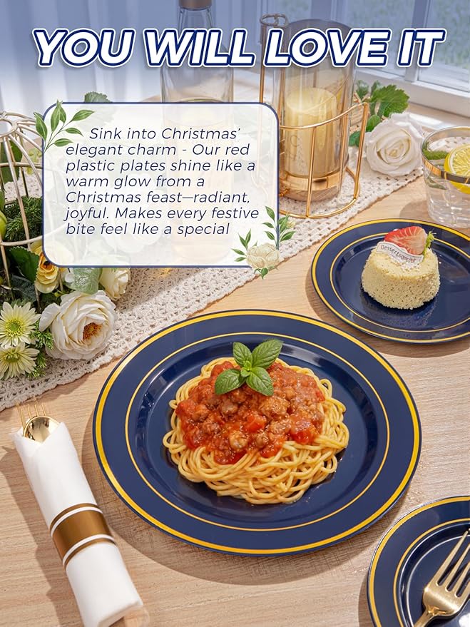 WDF Partyware 175PCS Blue and Gold Plastic Plates - Navy Blue Plates