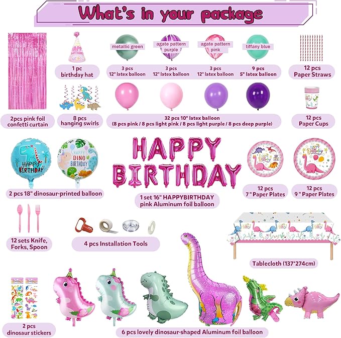 Party Spot! 150 pcs Dinosaur Birthday Party Supplies For Girls