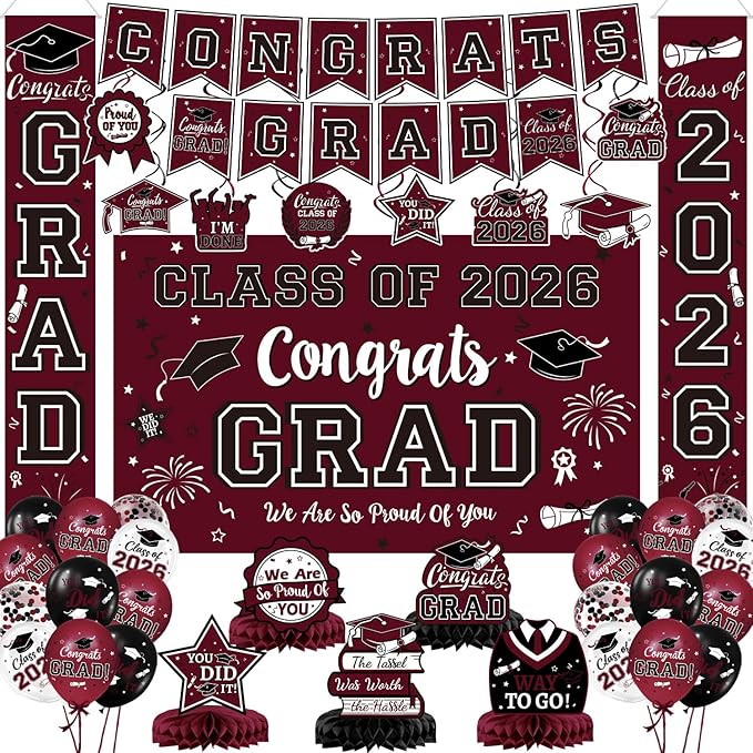 Maroon Themed Graduation Decorations Class of 2026 Congrats Grad