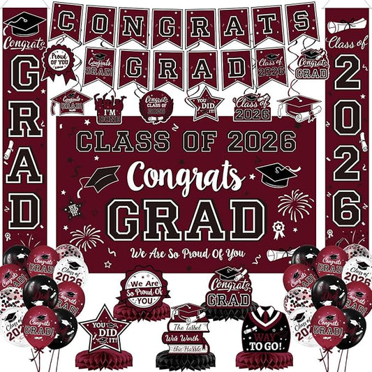 Maroon Themed Graduation Decorations Class of 2026 Congrats Grad