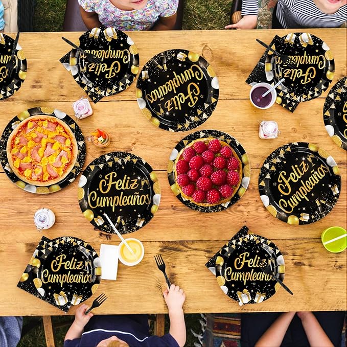 96Pcs Black and Gold Birthday Party Supplies Feliz Cumpleaños Gold