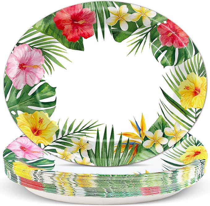 50Pcs Hawaiian Luau Oval Plates Aloha Floral Disposable Plates 11 x