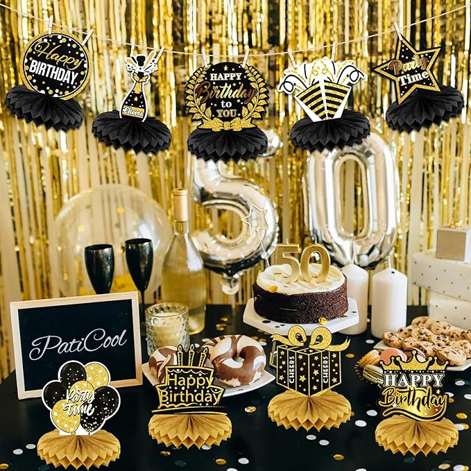 9 PCS Happy Birthday Party Table Decorations | Black and Gold