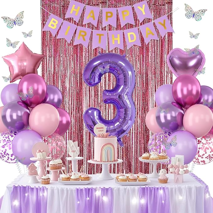 Pink Purple 3rd Birthday Party Decorations for Girls Number 3