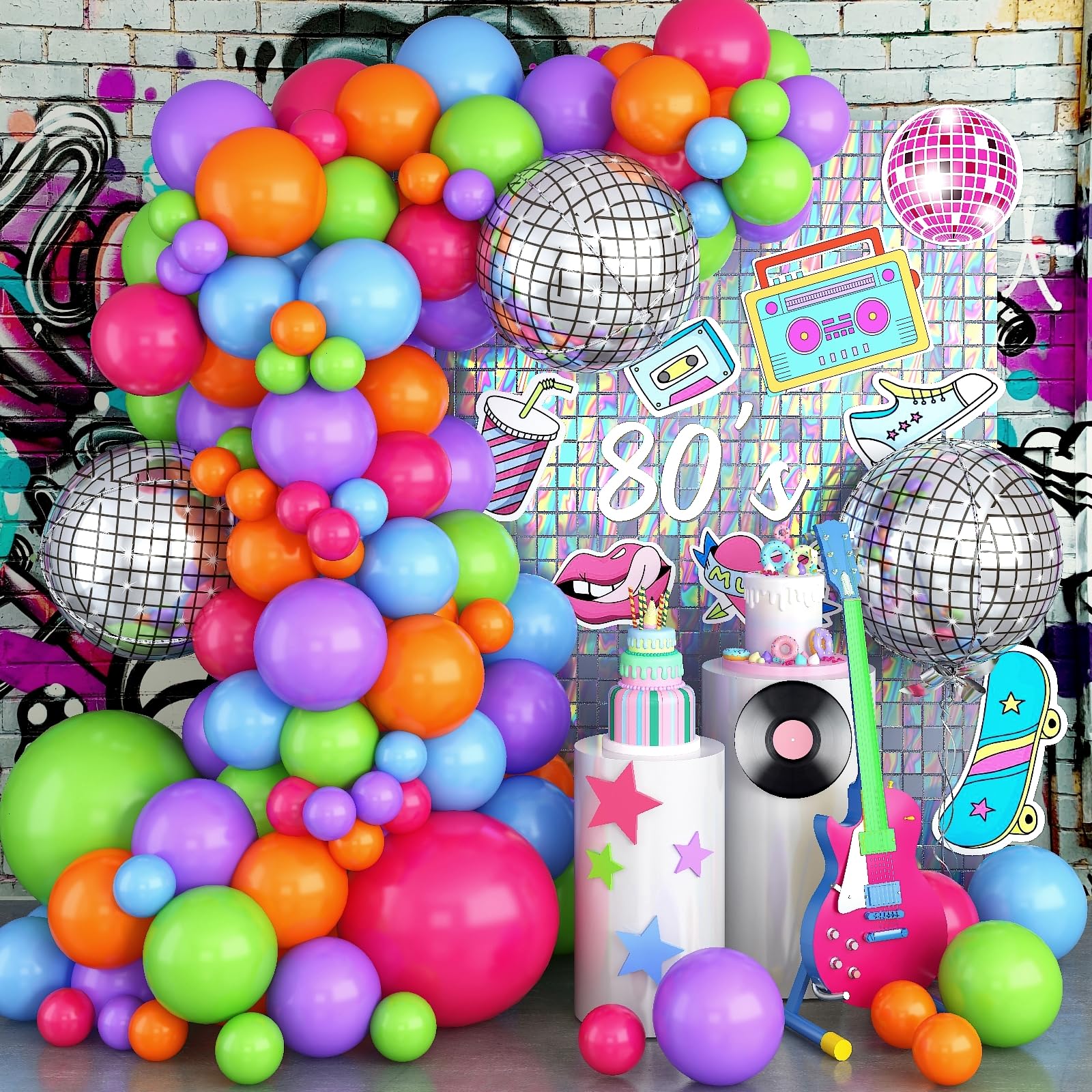 Neon Balloon Arch Garland Kit, Colorful Rainbow 70s 80s 90s Theme