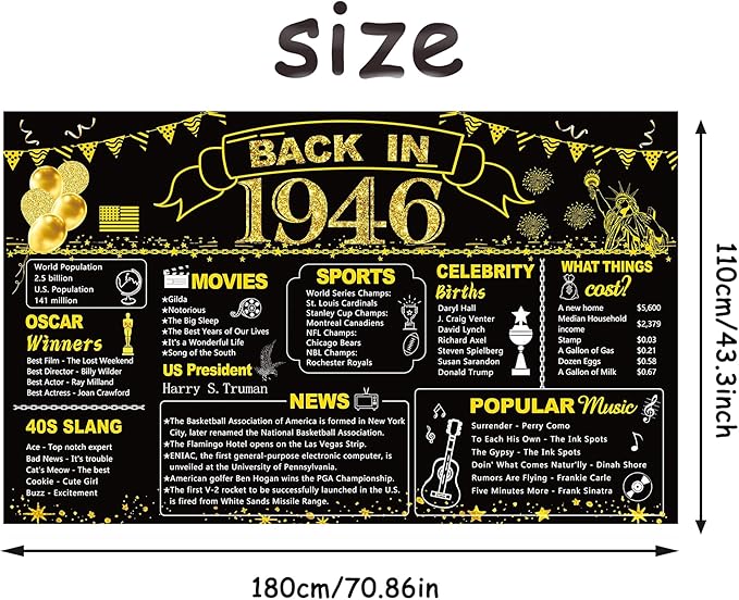 DARUNAXY 80th Birthday Black Gold Party Decoration, Back in 1946