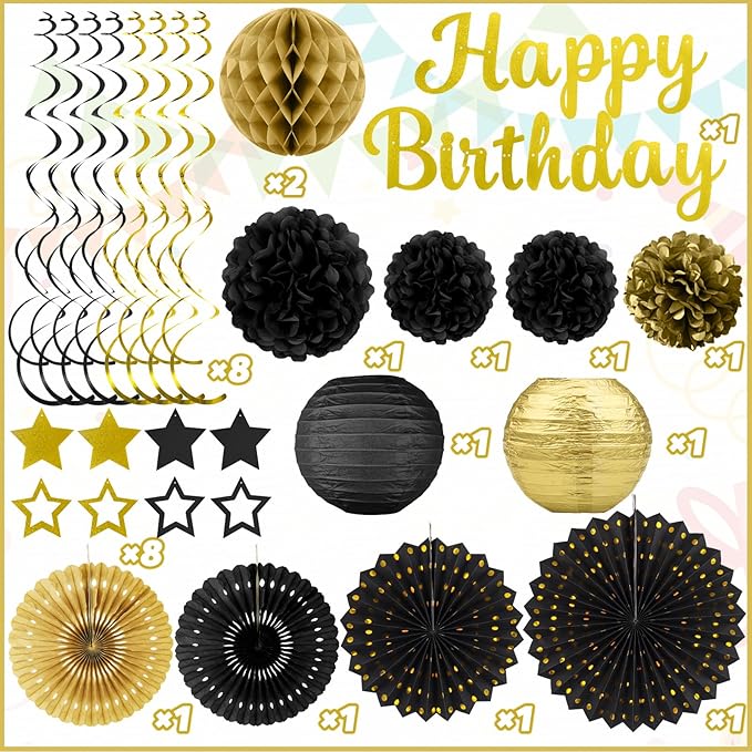 Black Gold Birthday Party-Decorations - 29pcs Black Gold Party