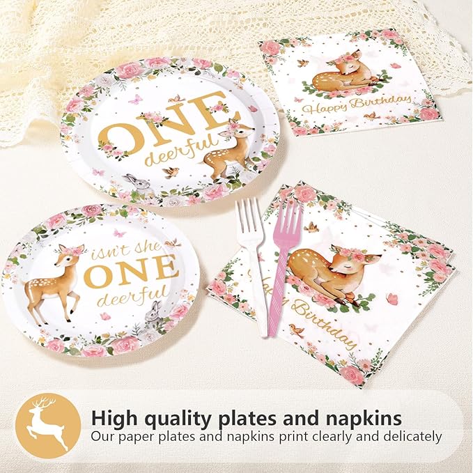 96Pcs Pink Deer Girl 1st Birthday Party Supplies Isn't She