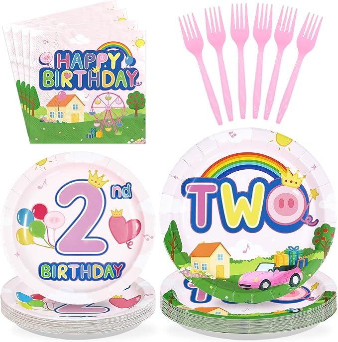 96Pcs Pink Pig 2nd Birthday Party Decorations Pink Piggy Paper Plates