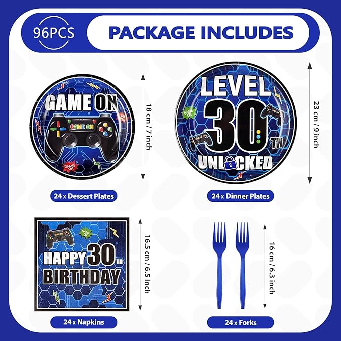 96Pcs 30th Birthday Video Game Party Supplies Blue Video Game Paper