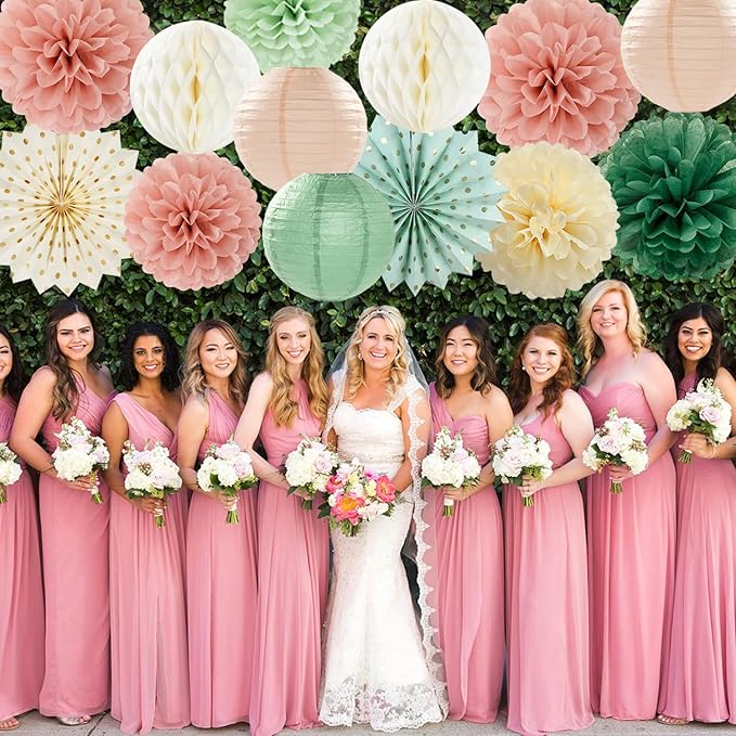 Sage Green Pink Beige Boho Party Decorations Streamers 14pcs Rustic