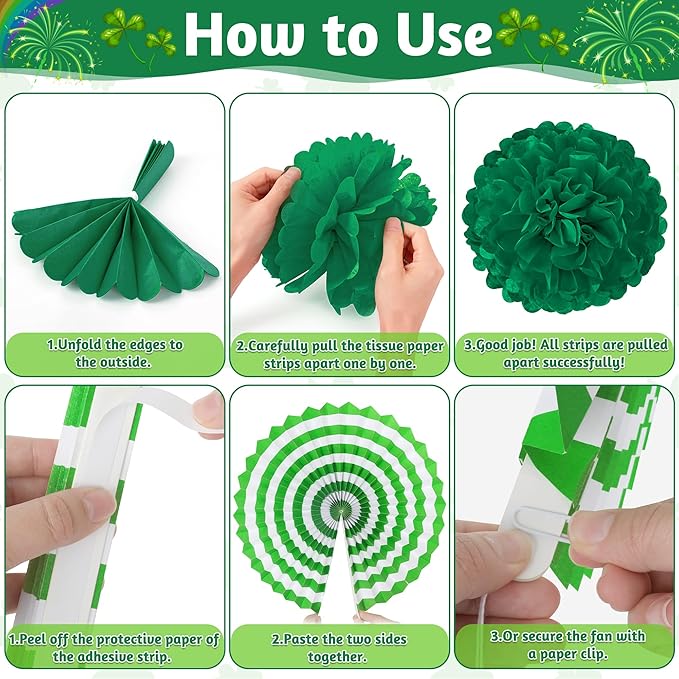 28 PCS St Patricks Day Decorations Green St Patricks Day Paper Fan