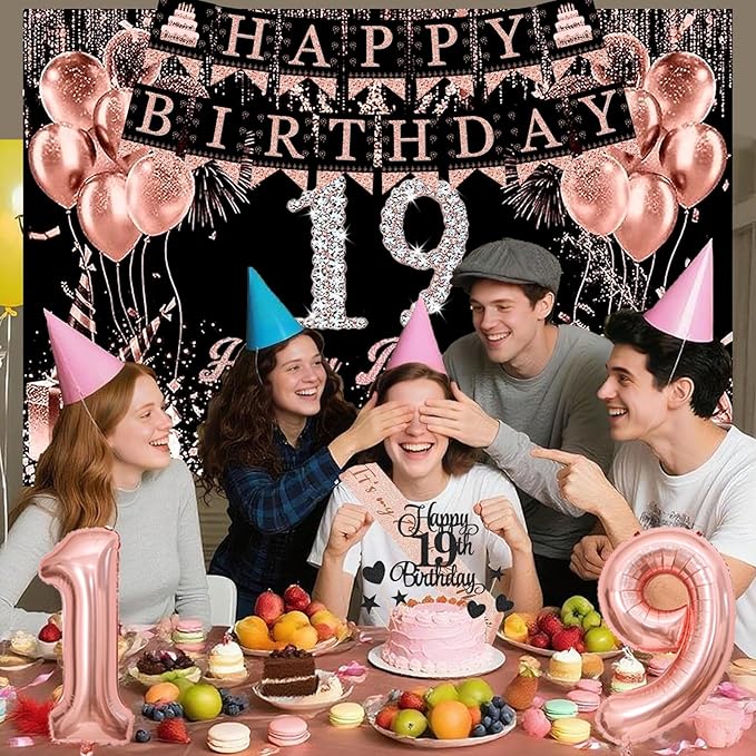 19th Birthday Decorations for Her Black Rose Gold Party Essentials