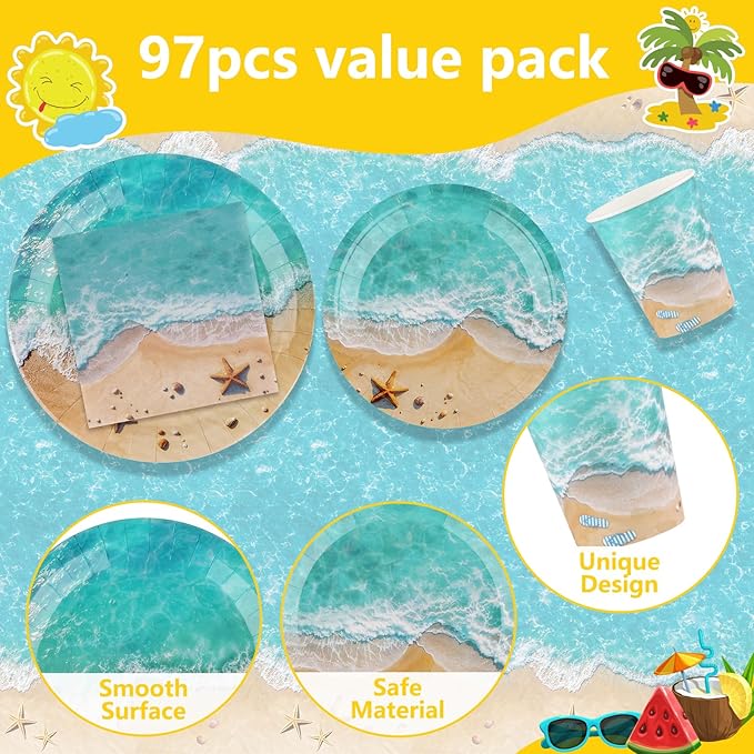 Beach Party Decorations Set for 24 Disposable Paper Plates and