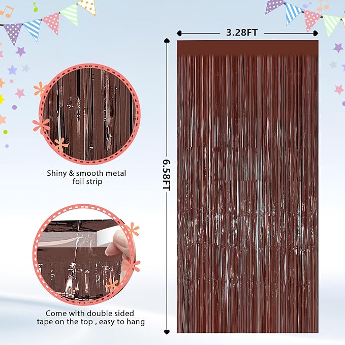 2PCS Coffee Foil Fringe Backdrop Curtains, Brown Tinsel Streamers