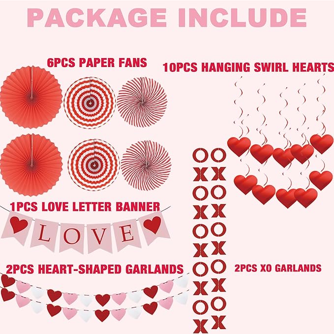 Valentine's Day Decorations Set LOVE Banner 2 XO Garlands 2 Heart