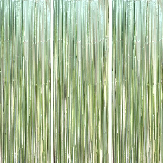 Voircoloria 3 Pack 3.3 x 8.2 ft Sage Green Foil Fringe Backdrop