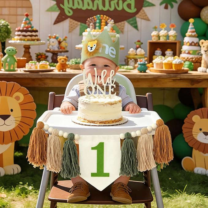 Wild One 1st Highchair Banner Wood Bead Tassel Garland Lion Crown