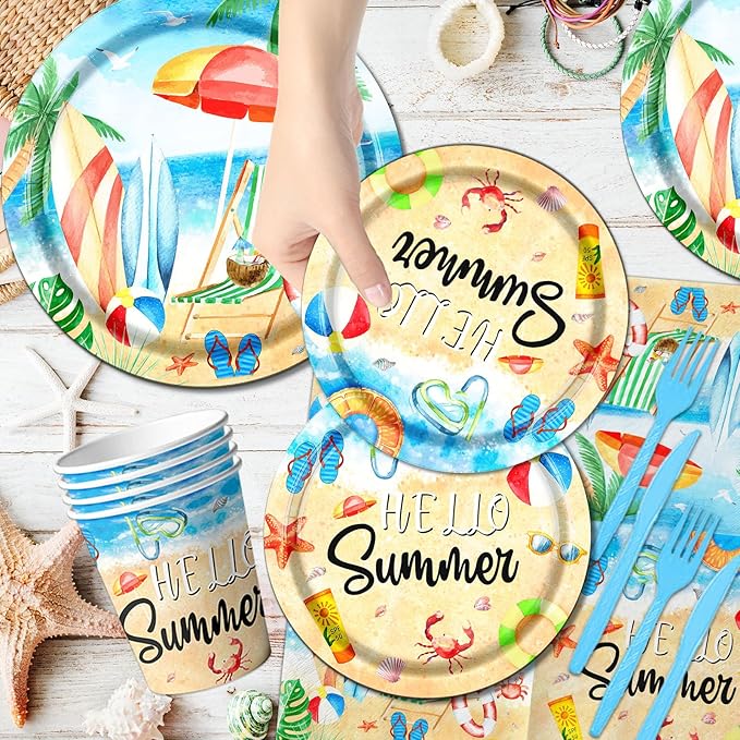 Hello Summer Party Decorations 142Pcs Beach Pool Party Paper Plates