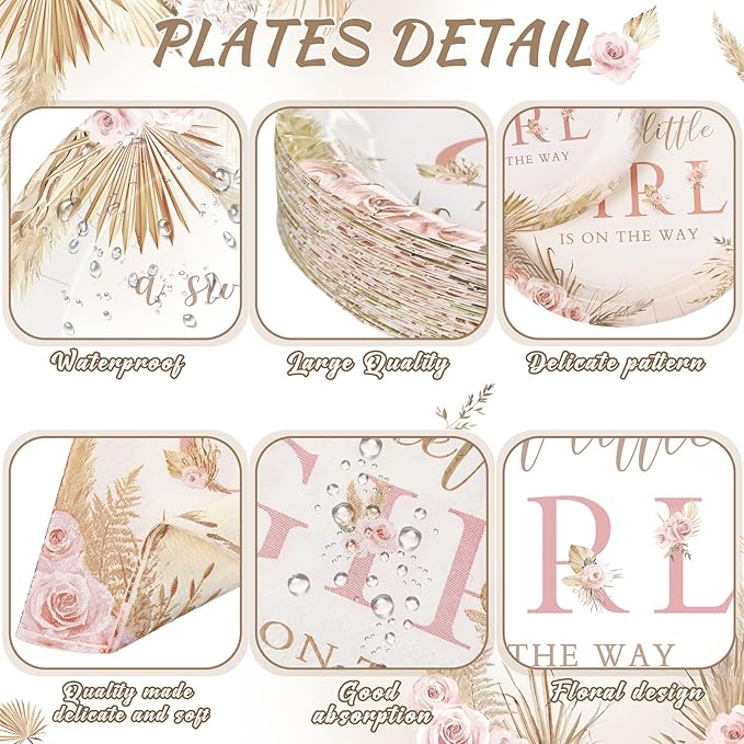 250 Pcs Boho Baby Shower Decorations for Girls Pink Floral Baby