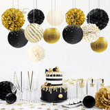 Black Gold Party Decorations 12PCS Paper Lantern Tissue Pom Poms