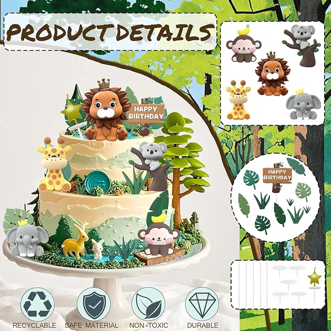 22PCS Safari Animal Cake Toppers & Wild One Birthday Decorations