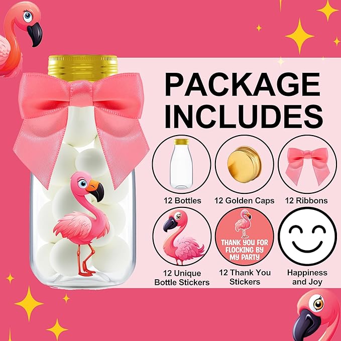 Small 12 Pack Flamingo Party Favors DIY Candy Jars with Ribbons and