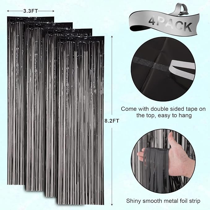 Voircoloria 4 Pack Black Foil Fringe Backdrop Curtains, Tinsel